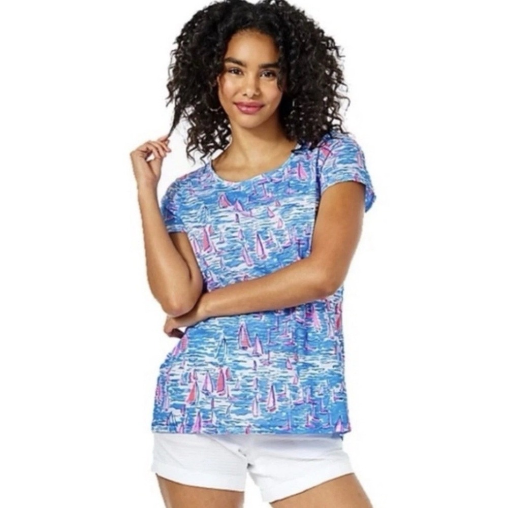 LILLY PULITZER Etta Cotton Shirt Zanzibar Blue Boatylicious Size L Sailboat